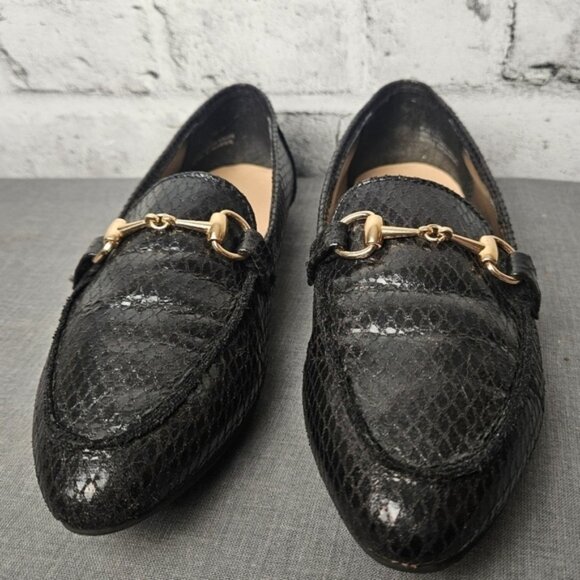 Chic Black Faux Snakeskin Loafers | Gold Bit Detail | Classic Size 8 Flats - Picture 3 of 11